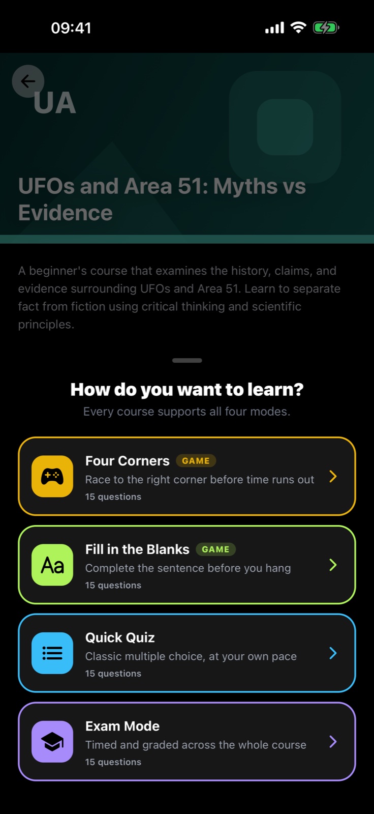 Interactive learning modes in the Sagastein mobile app