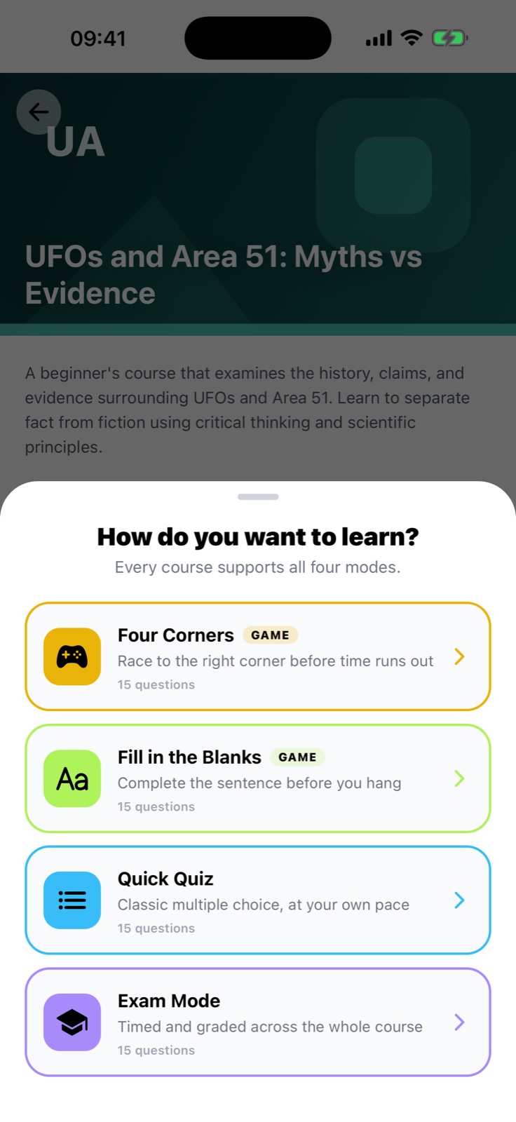 Interactive learning modes in the Sagastein mobile app